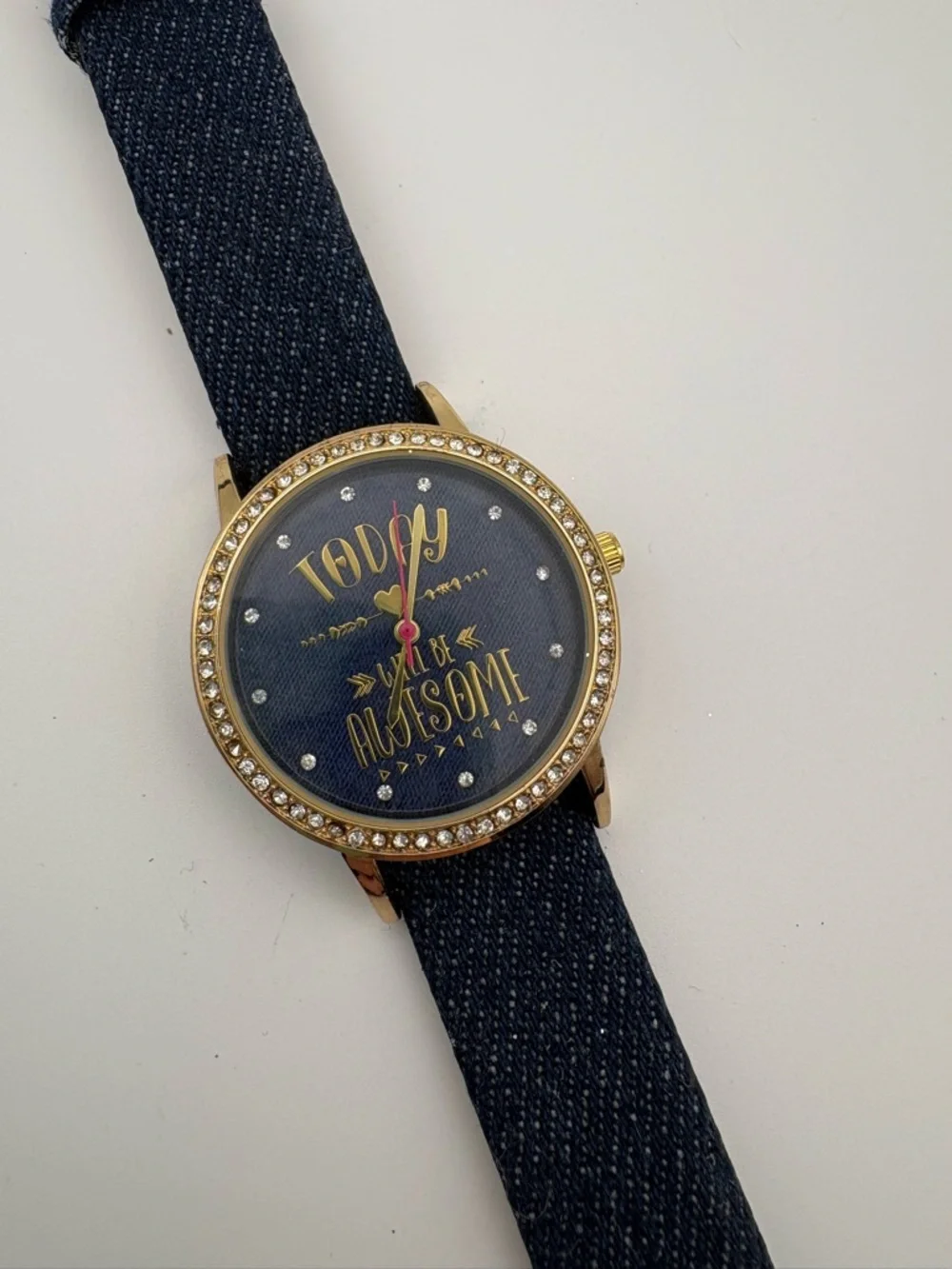 Jessica Carlyle Gold Crystal Bezel Denim Strap‎ Watch Today Will Be Awesome Dial